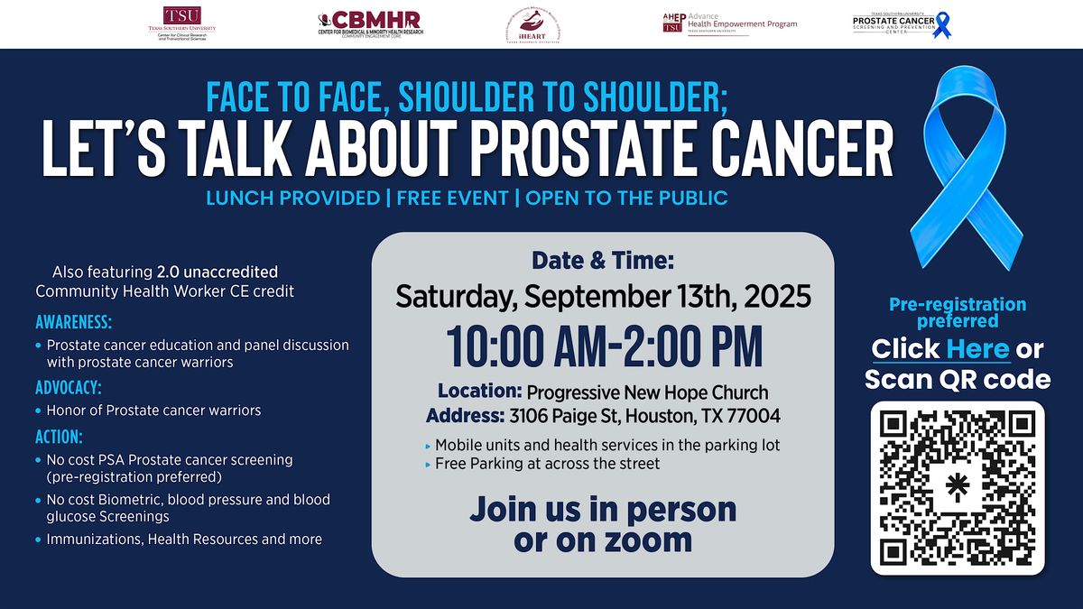 Face to Face, Shoulder to Shoulder; Let's Talk about Prostate Cancer, 13 September | Event in Houston | AllEvents