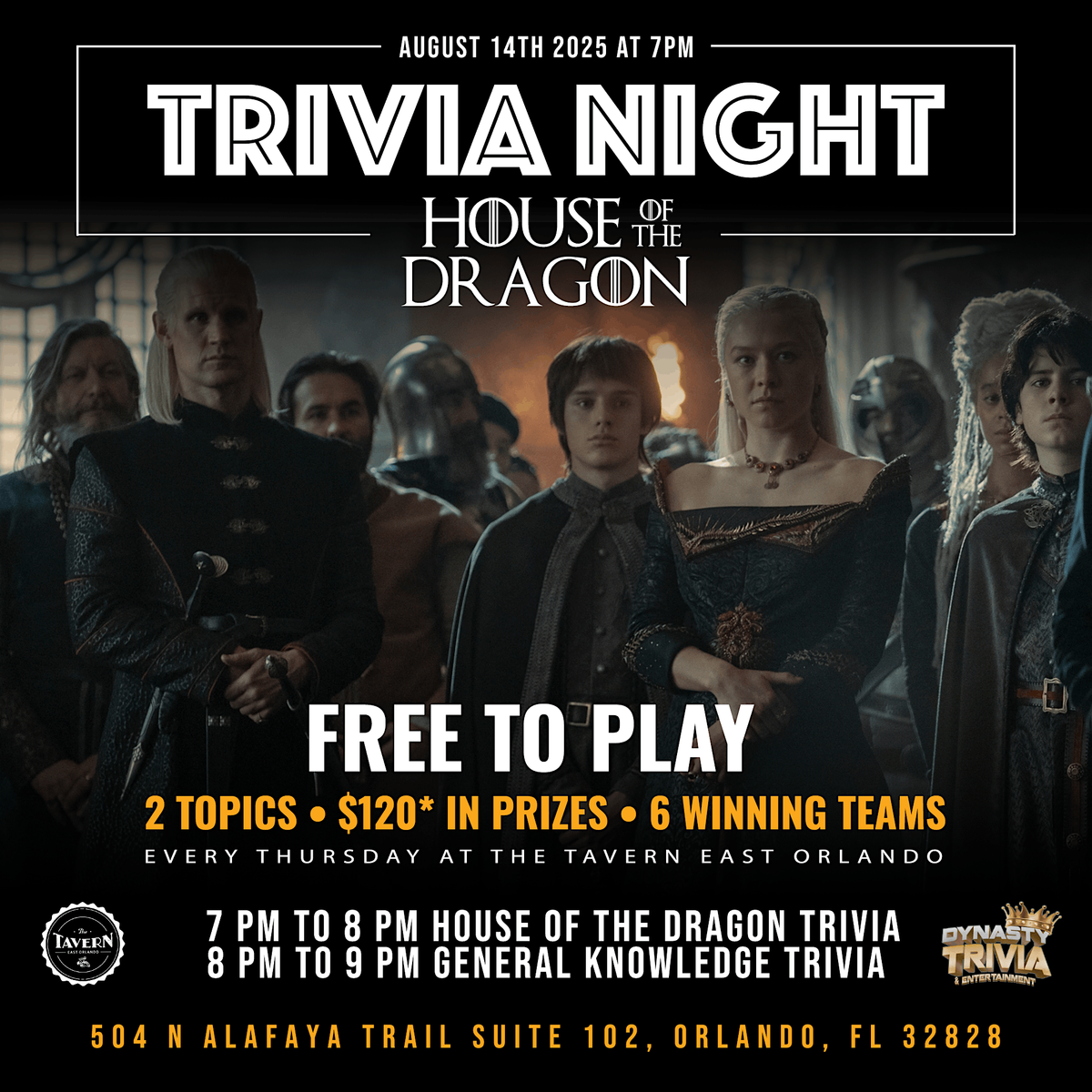 HOUSE OF THE DRAGON TRIVIA NIGHT, 14 August | Event in Orlando | AllEvents