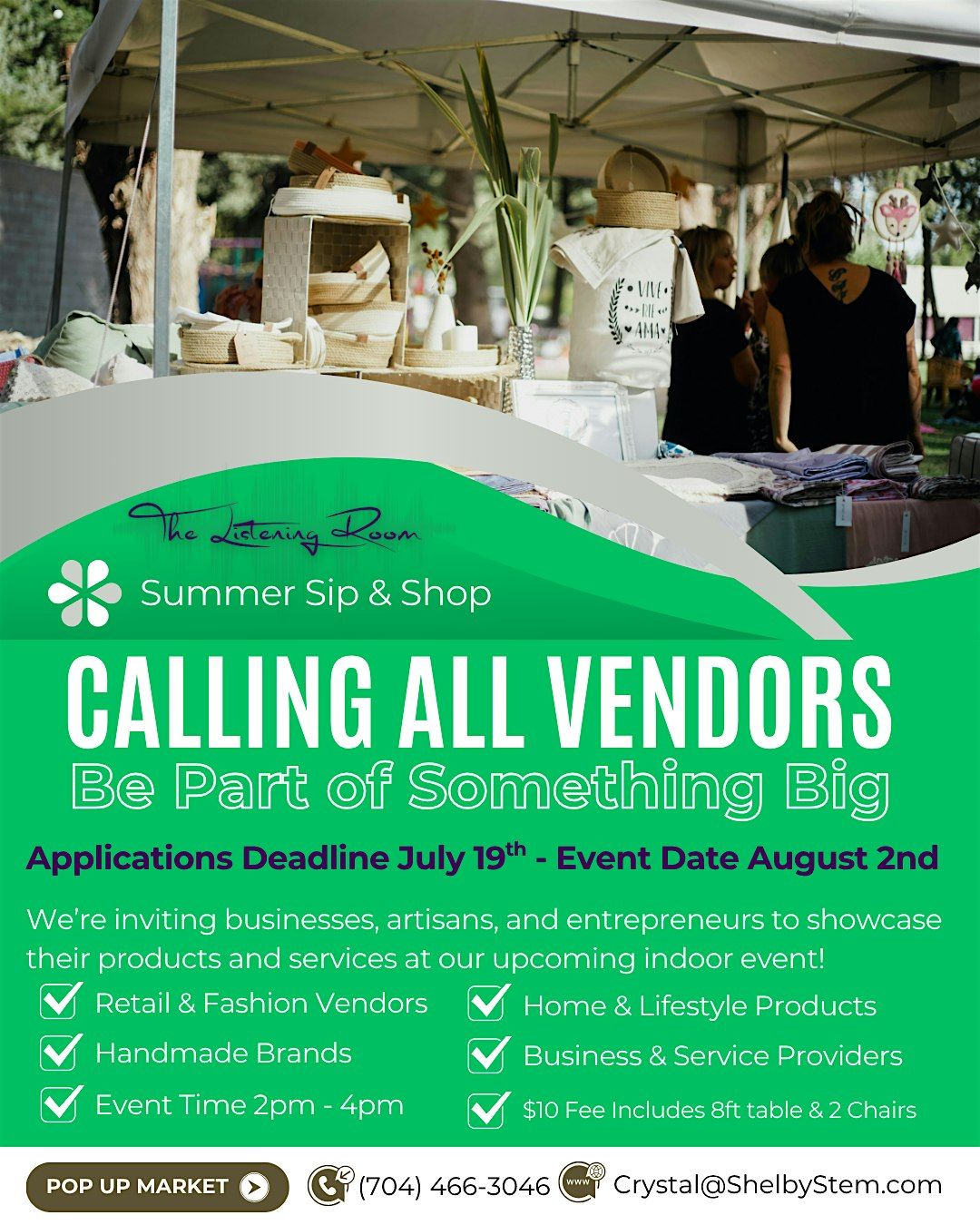 Vendor Call - Summer Sip & Shop - The Listening Room, 2 August | Event in Shelby | AllEvents