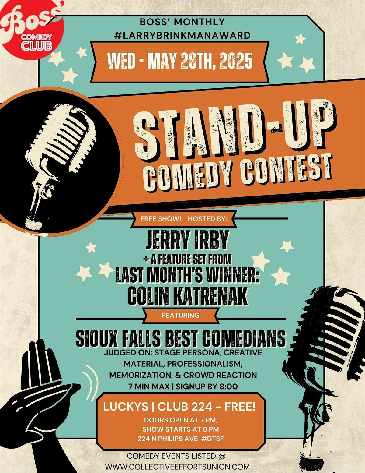FREE SHOW! Monthly Sioux Falls Funniest Comic Contest #larrybrinkmanaward, 28 May | Event in Sioux Falls | AllEvents