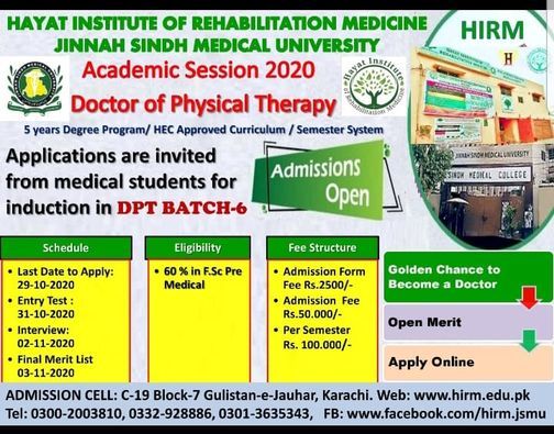 Doctor Of Physical Therapy Admission Open Hayat Institute Of Rehabilitation Medicine Hirm Jsmu Larkana 2 November