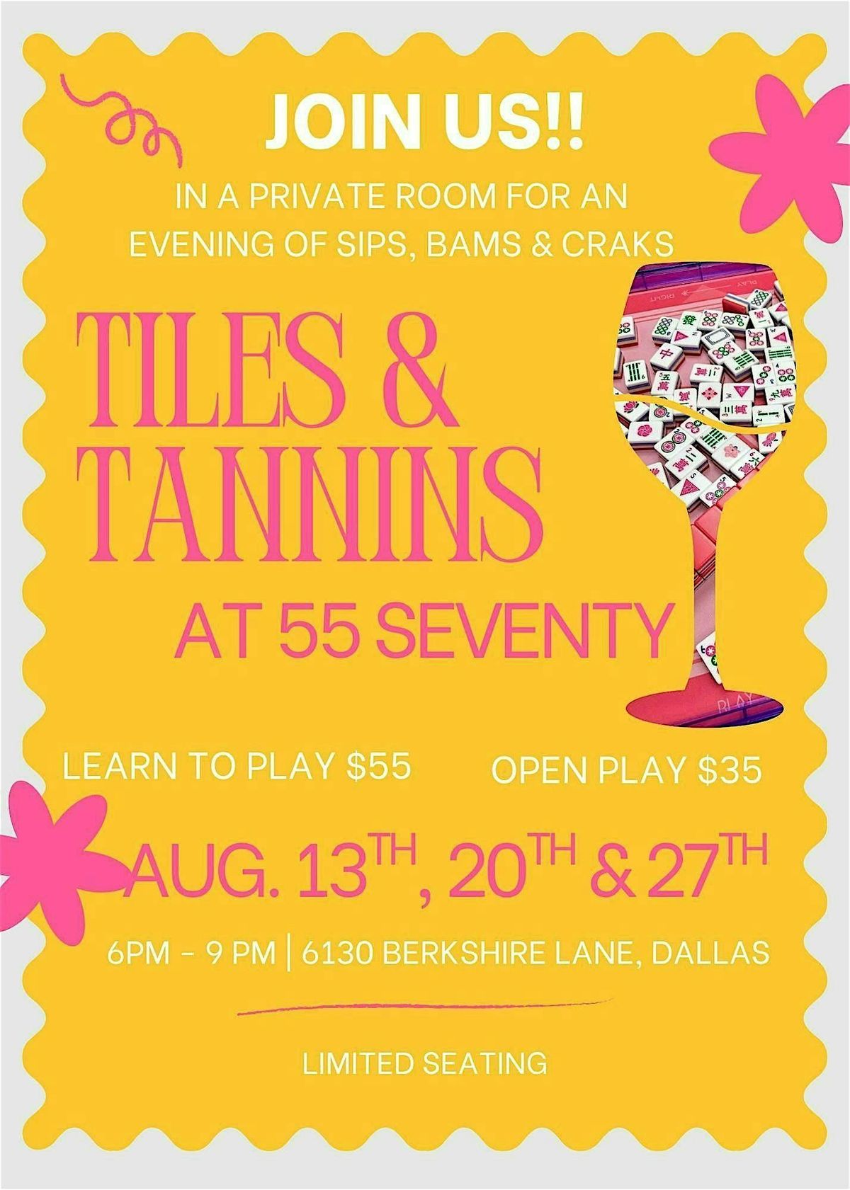 Join Us  For Mahjong: TILES & TANNINS at 55 Seventy, 27 August | Event in Dallas | AllEvents