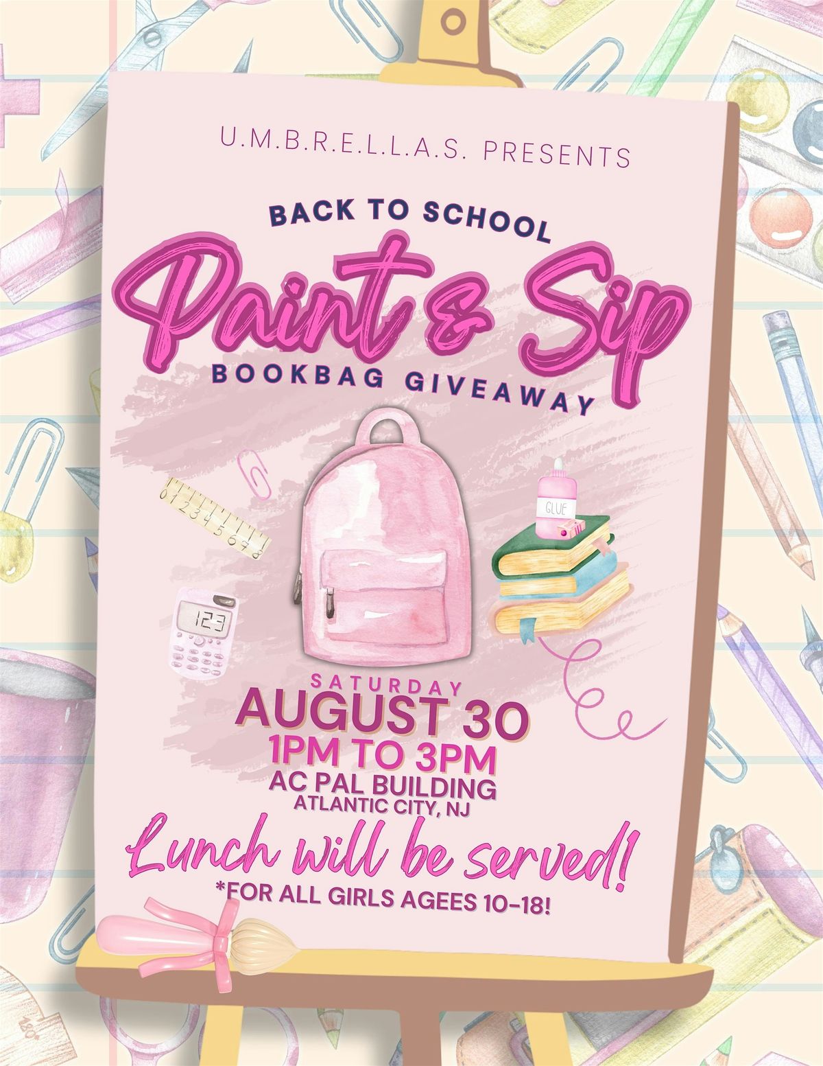 U.M.B.R.E.L.L.A.S. Paint & Sip Book Bag Giveaway., 30 August | Event in Atlantic City | AllEvents