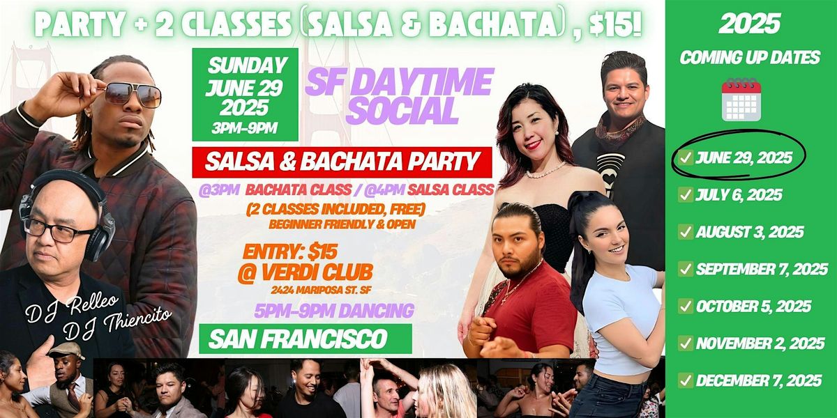 Salsa & Bachata SUNDAY,  Party w/ 2 Dance Classes (SF) 3pm- 8:30pm, $15, 29 June | Event in San Francisco