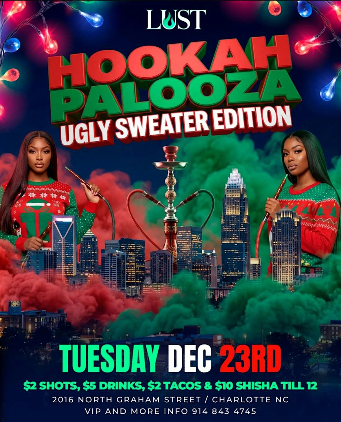 Hookah palooza: ugly sweater vs onesie party! Karaoke! $10 hookah! 2 shots!, 23 December | Event in Charlotte