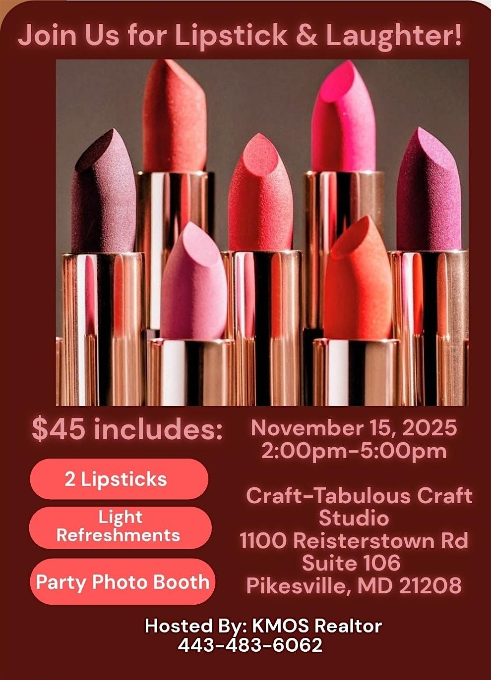 Lipstick & Laughter- Hosted By KMOS Realtor, 15 November | Event in Pikesville | AllEvents