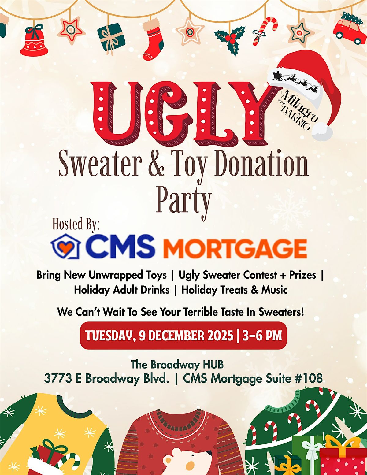CMS Ugly Sweater Toy Drive Happy Hour, 9 December | Event in Tucson | AllEvents
