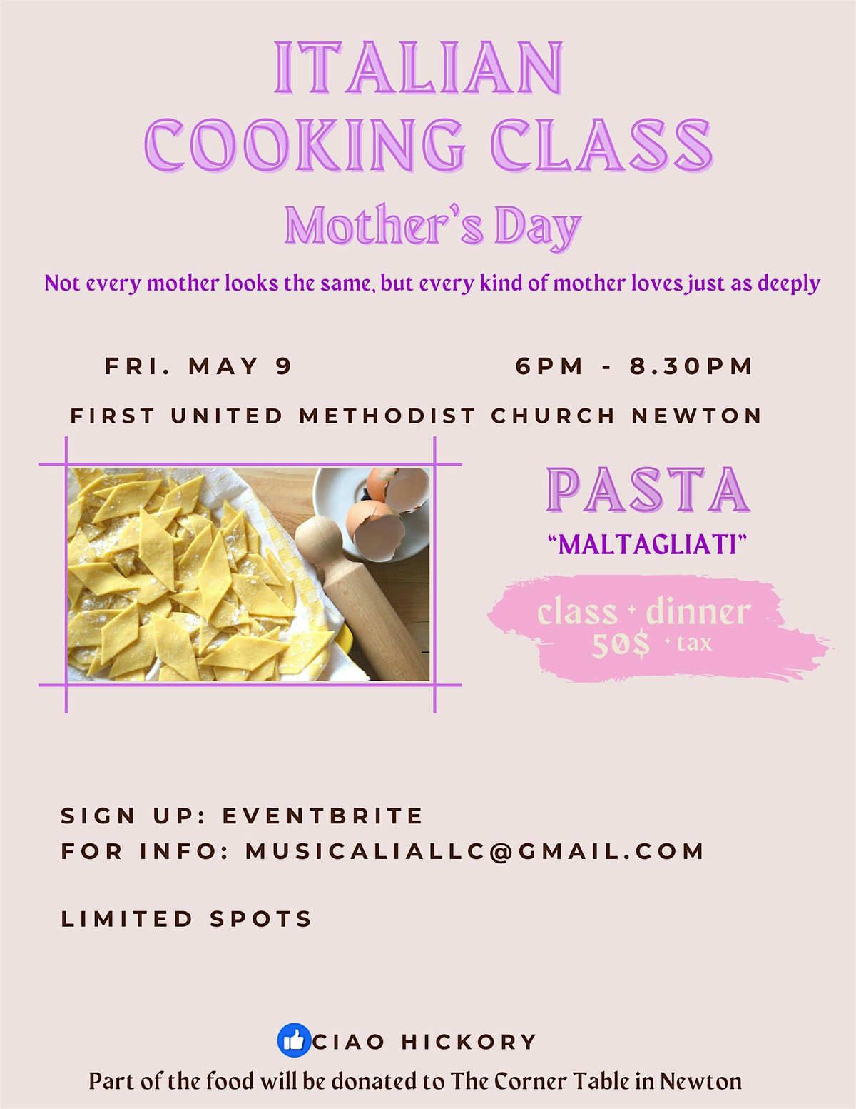 Italian Cooking Class in Hickory - Mother's Day, 9 May | Event in Newton | AllEvents