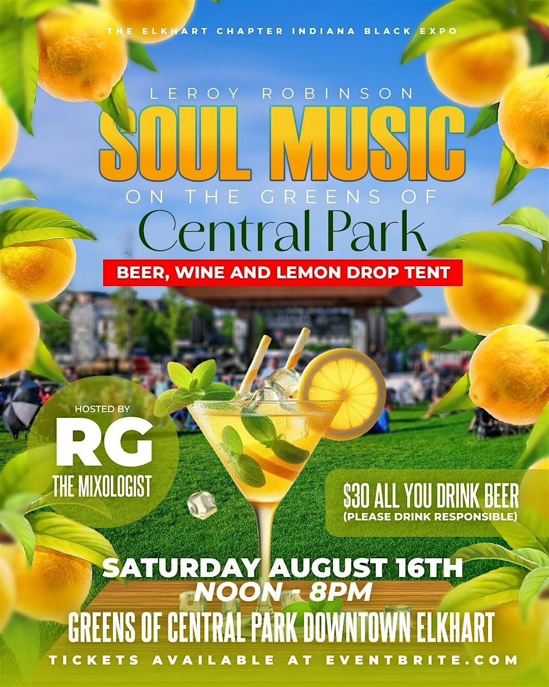 Leroy Robinson Beer, Wine and Lemon Drop Tent On The Greens Of Central Park, 16 August | Event in Elkhart