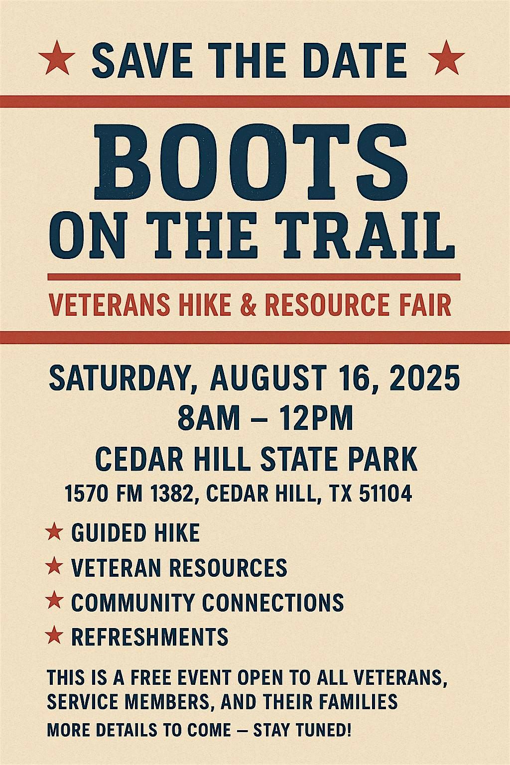 Boots on the Trail: Veteran Hike & Resource Fair, 16 August | Event in Cedar Hill | AllEvents