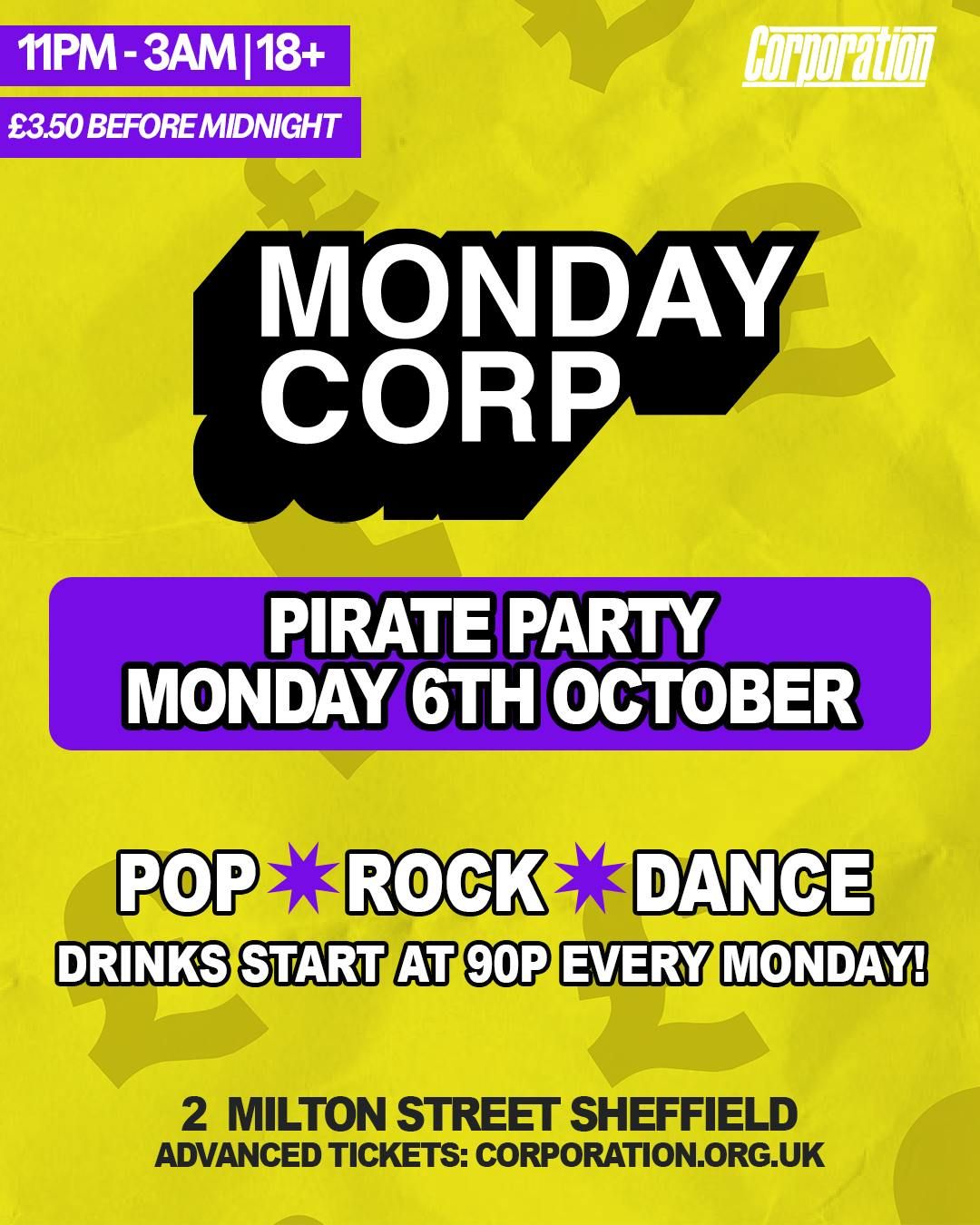 Pirate Party | MONDAY CORP, 6 October | Event in Sheffield | AllEvents