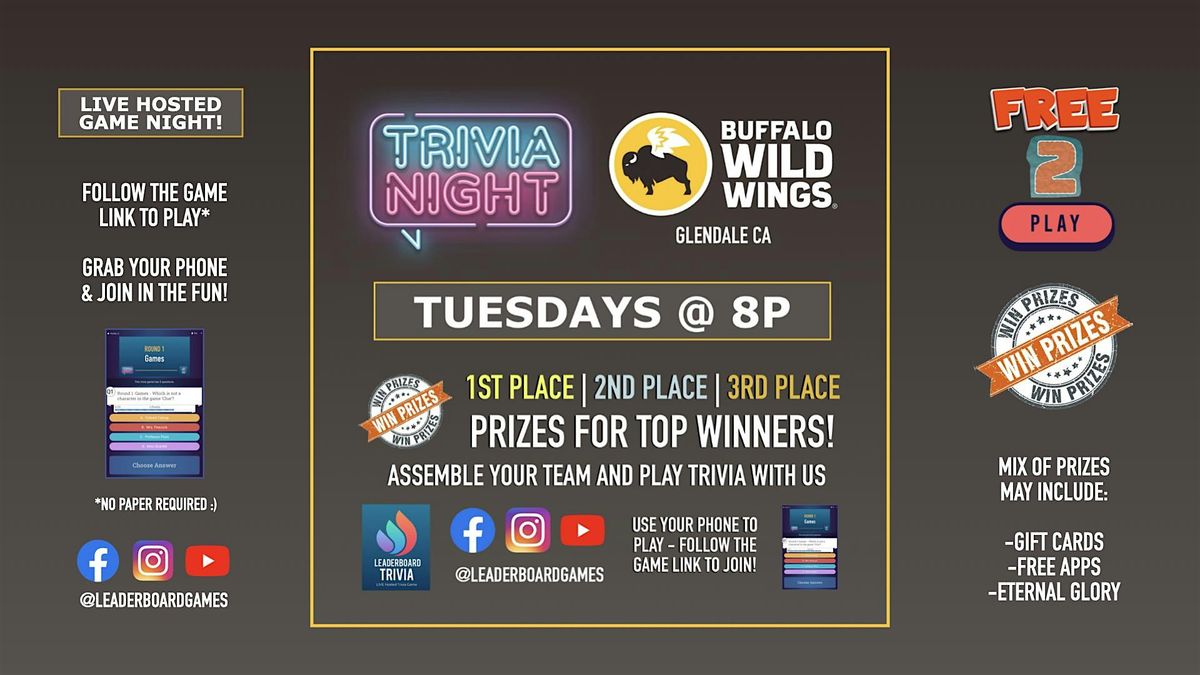 Trivia Night | Buffalo Wild Wings - Glendale CA - TUE 8p @LeaderboardGames | Event in Glendale | AllEvents