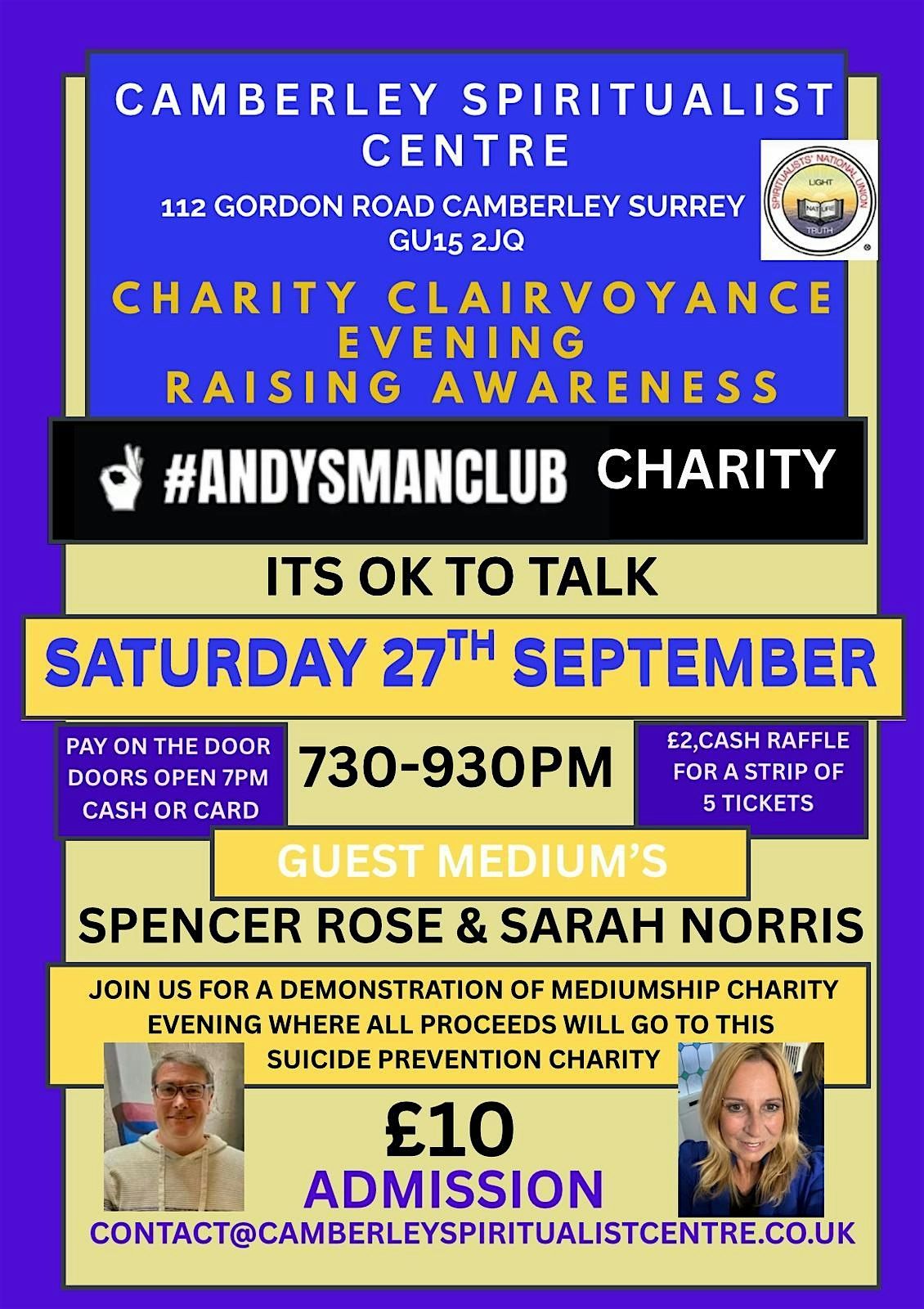 Evening of Clairvoyance in aid of Andys Man Club on 27th September, 27 September | Event in Camberley | AllEvents