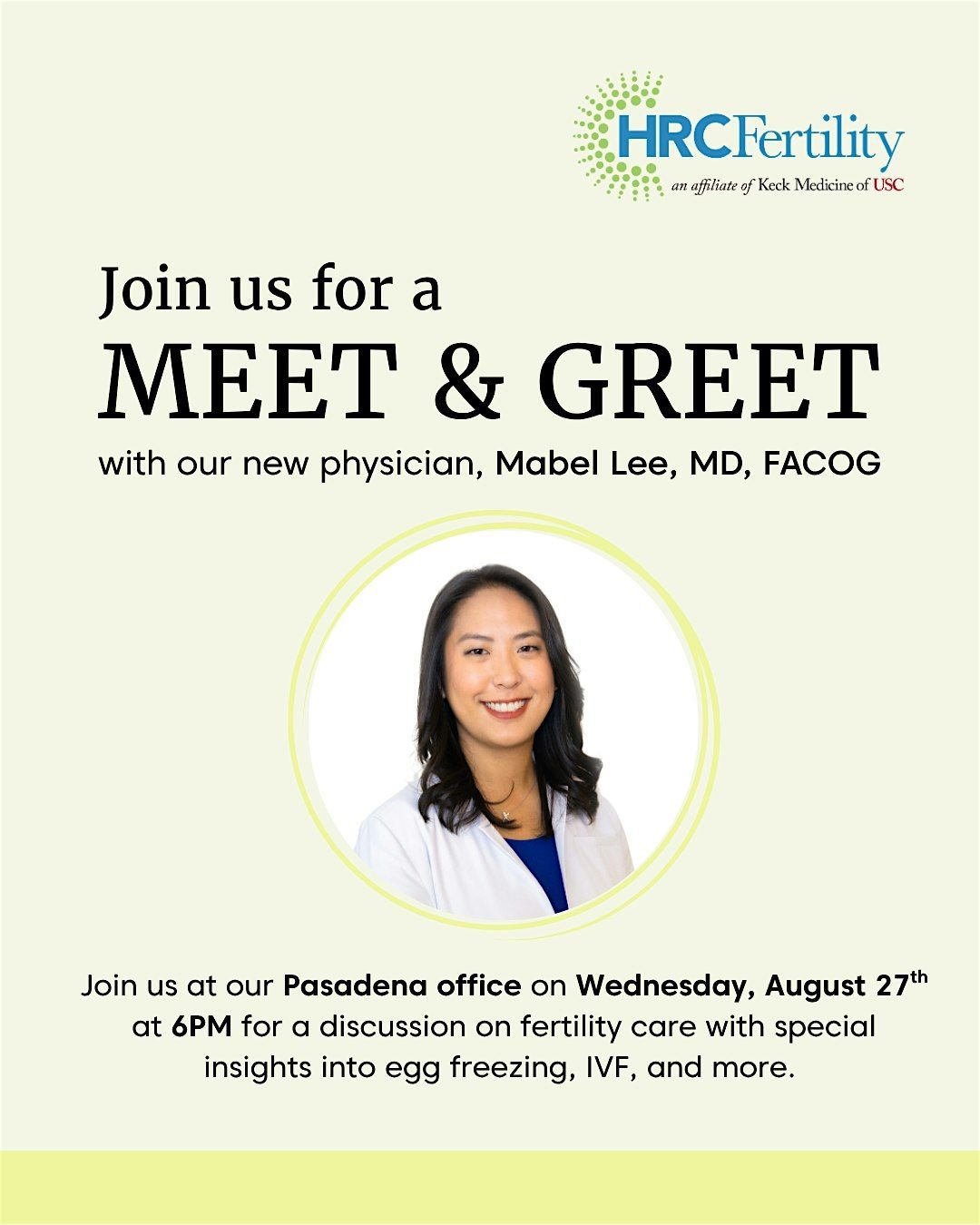 HRC Fertility Meet & Greet with Dr. Mabel Lee, 27 August | Event in Pasadena | AllEvents