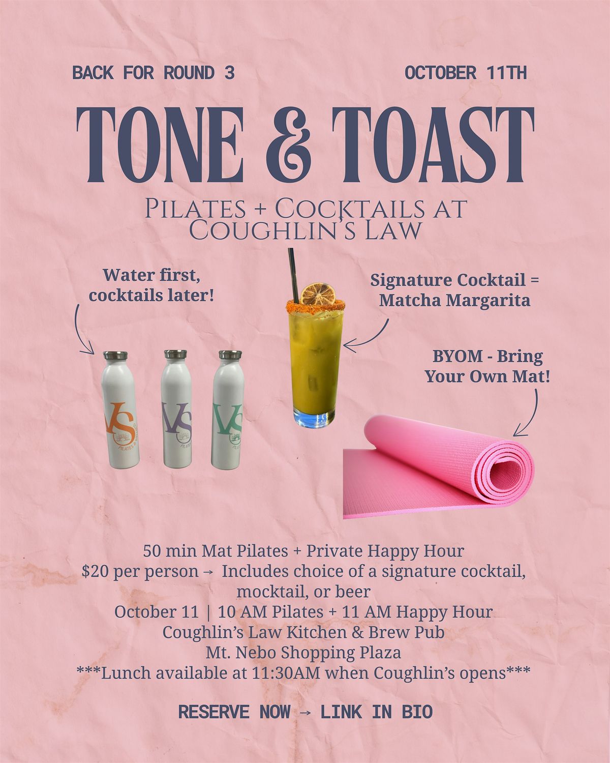 TONE & TOAST III: Pilates + Happy Hour at Coughlin’s, 11 October | Event in Pittsburgh | AllEvents