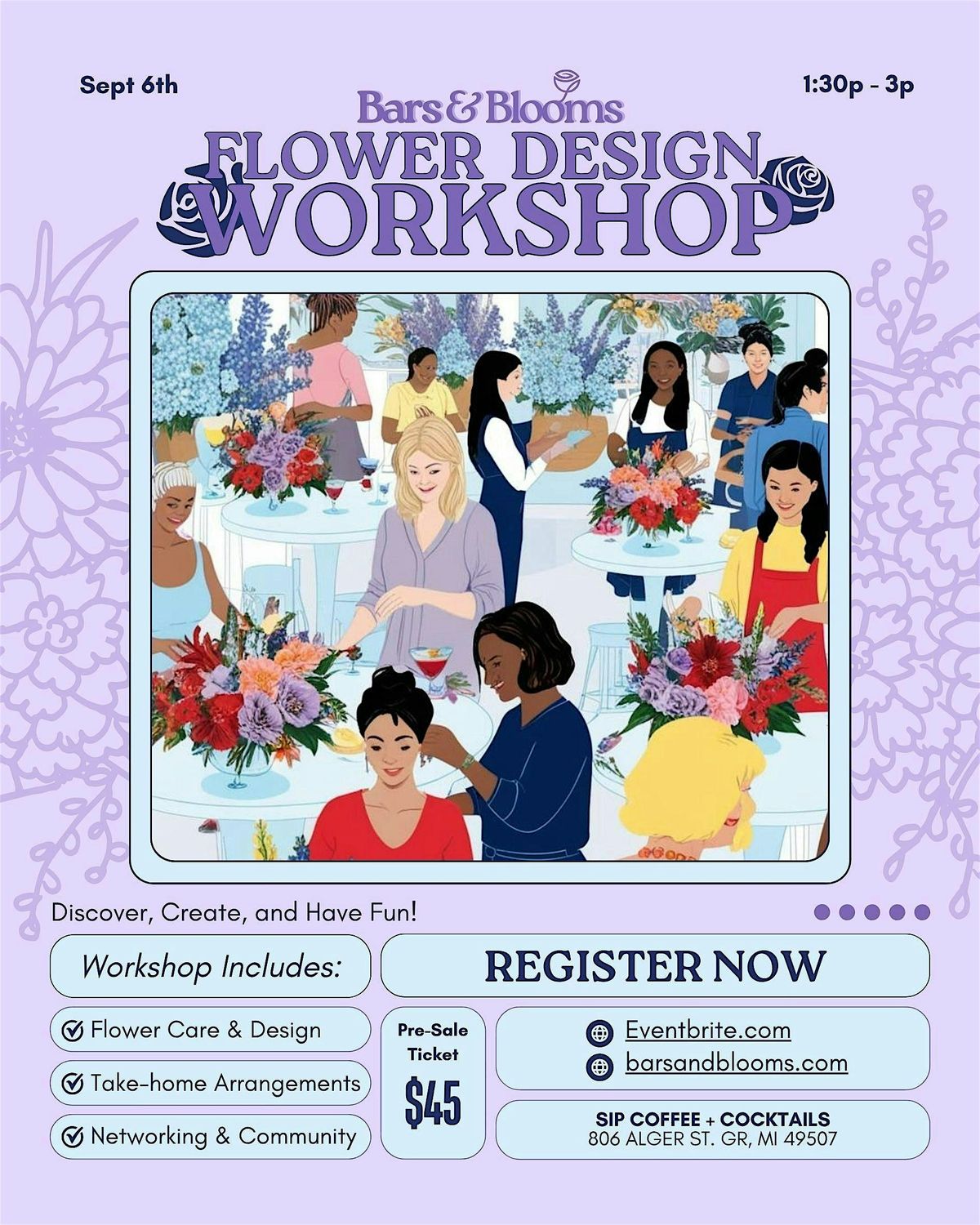 Bars  & Blooms Flower Design Workshop 9.6.25, 6 September | Event in Grand Rapids | AllEvents