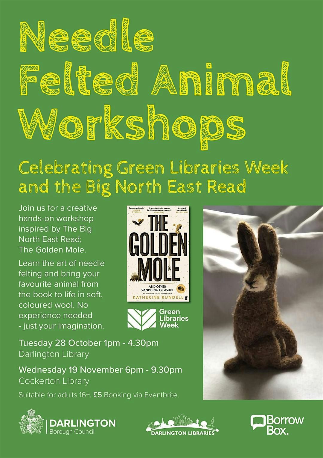 Green Libraries week: Needle Felted Animals Workshop (Darlington Library), 28 October | Event in Darlington