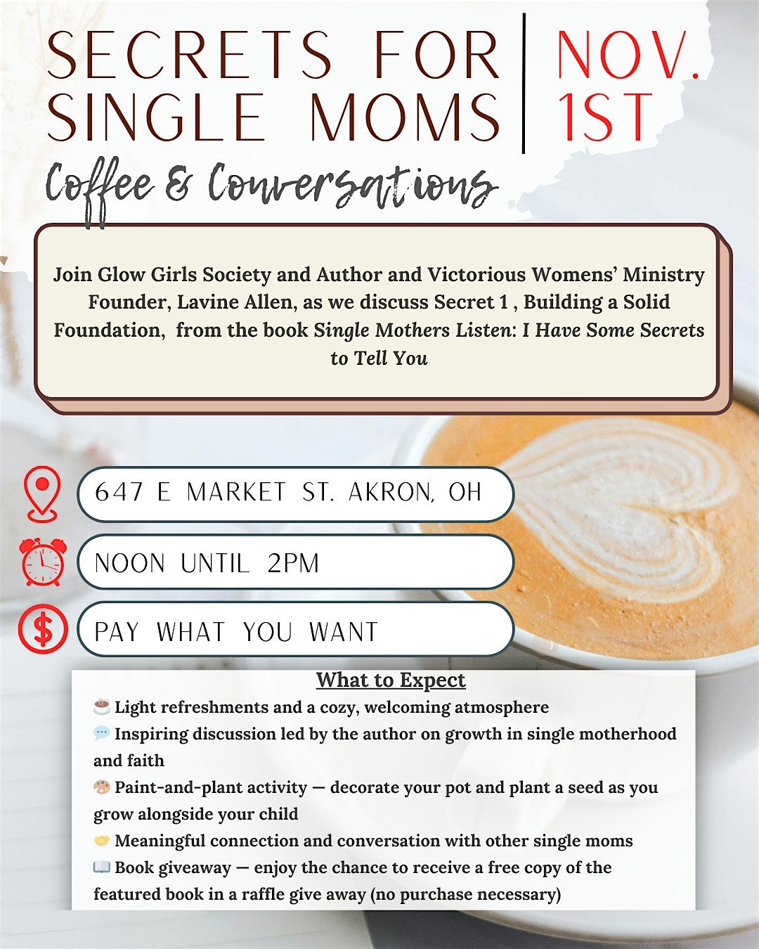 Coffee & Conversations: Secrets for Single Moms, 1 November | Event in Akron | AllEvents
