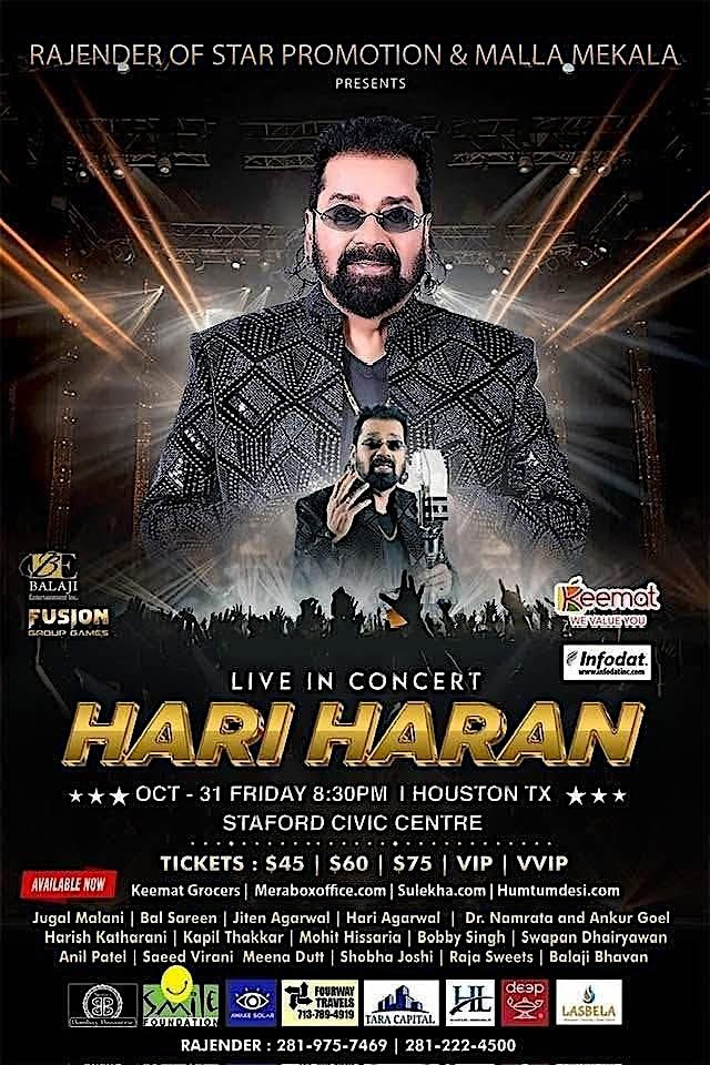 Hariharan Live in Houston, 31 October | Event in Stafford | AllEvents