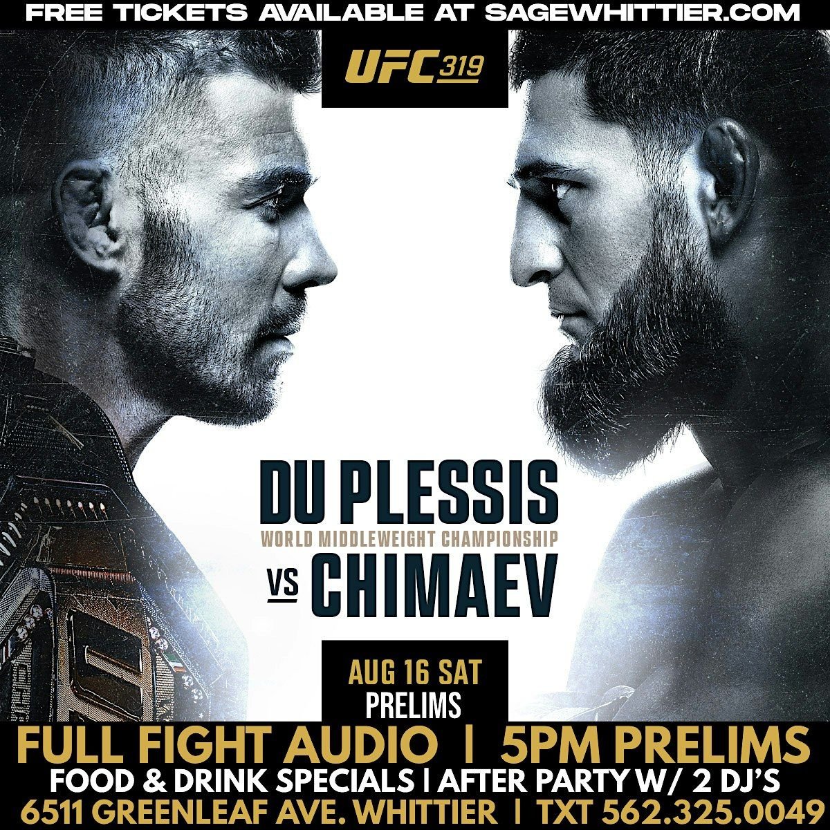 UFC 319: Du Plessis vs. Chimaev Watch Party at Sage Whittier, 16 August | Event in Whittier | AllEvents