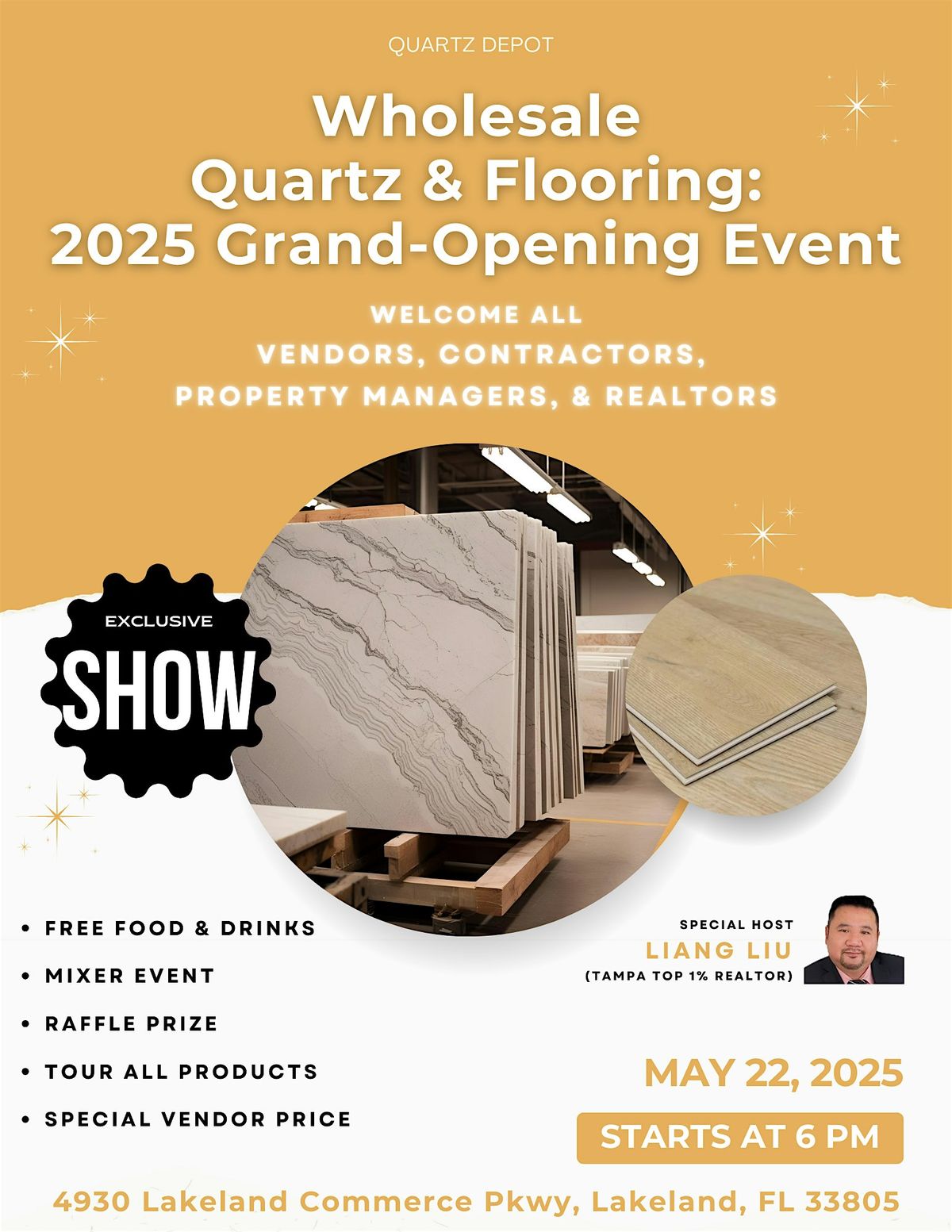 Wholesale Quartz & Flooring: 2025 Grand-Opening Event, 22 May | Event in Lakeland | AllEvents