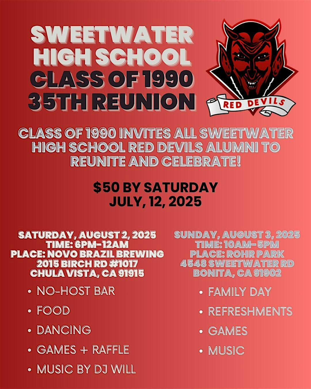 Sweetwater Union High School Class of 1990  - 35th Anniversary Reunion, 2 August | Event in Chula Vista | AllEvents
