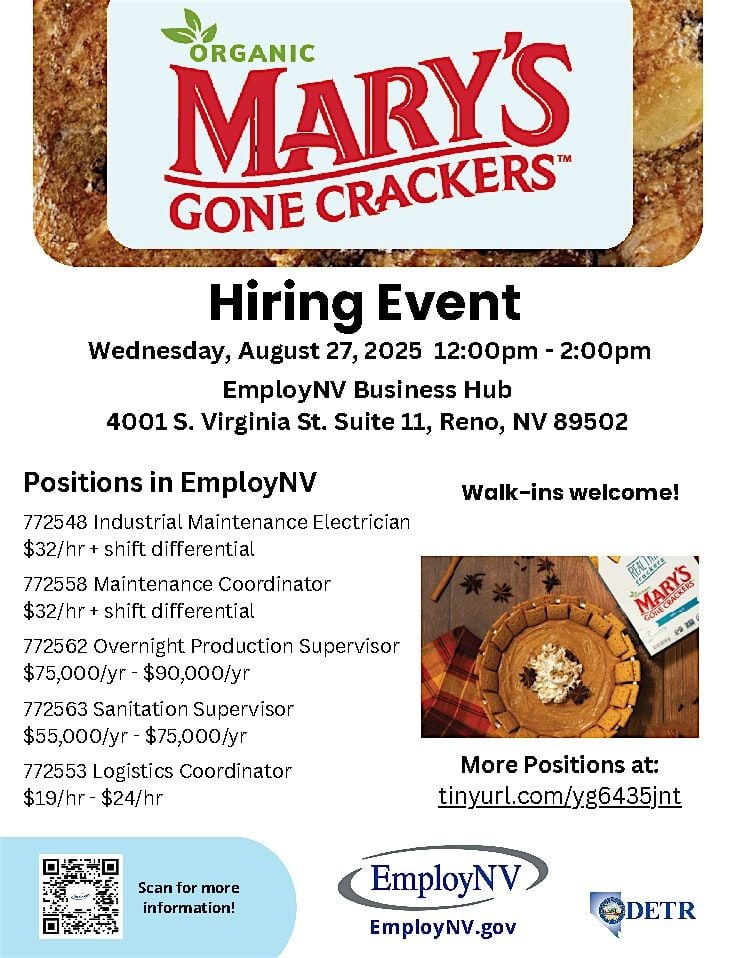 Mary's Gone Crackers Hiring Event, 27 August | Event in Reno | AllEvents
