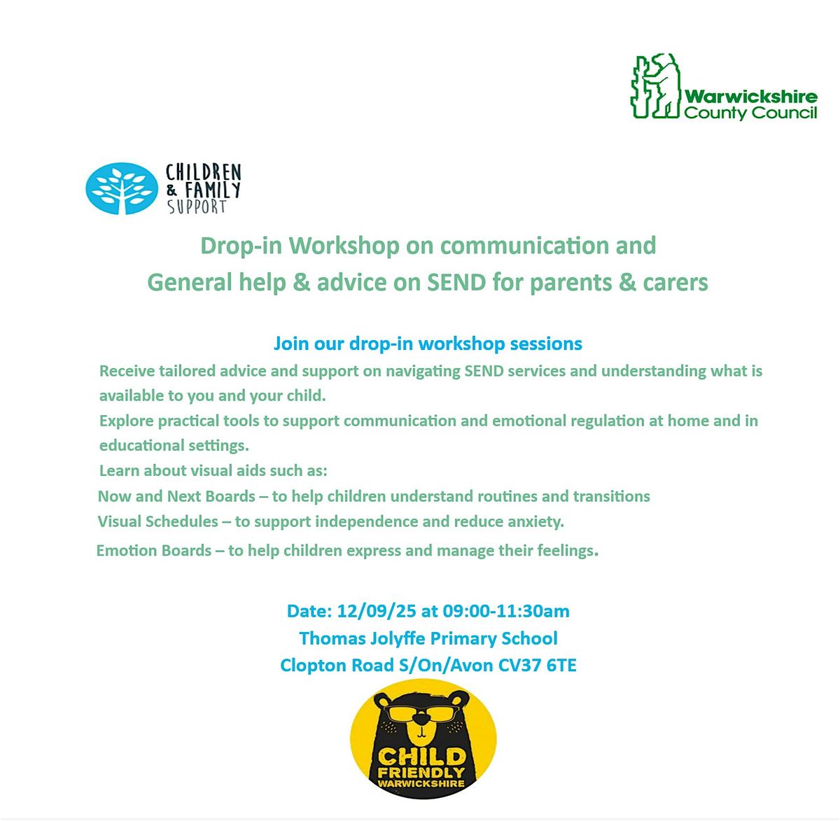 Drop-in Workshop on communication and         General help & advice on SEND, 12 September | Event in Stratford-upon-Avon