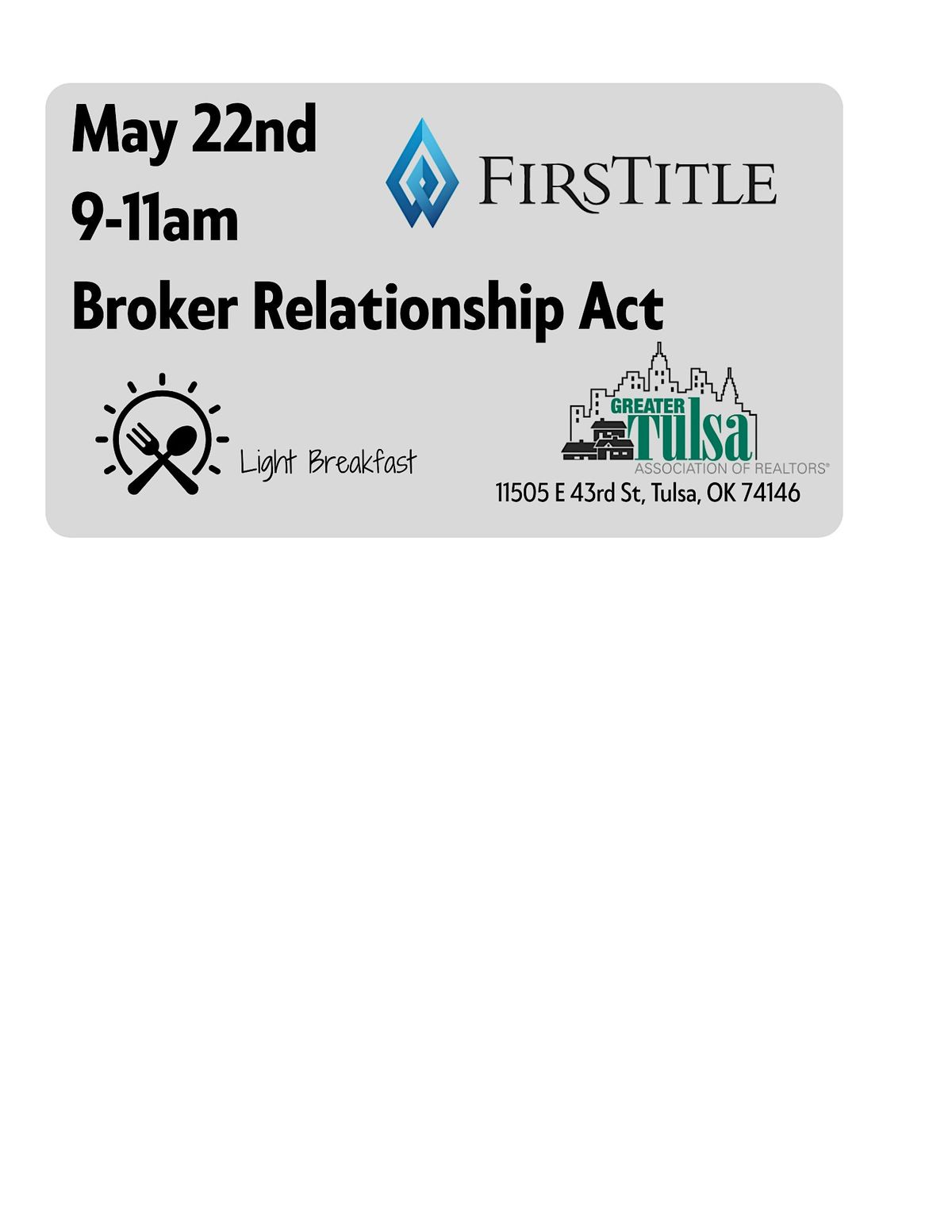 FirsTitle and GTAR Broker Relationship Act | 2 HR BRA Credits, 22 May | Event in Tulsa | AllEvents