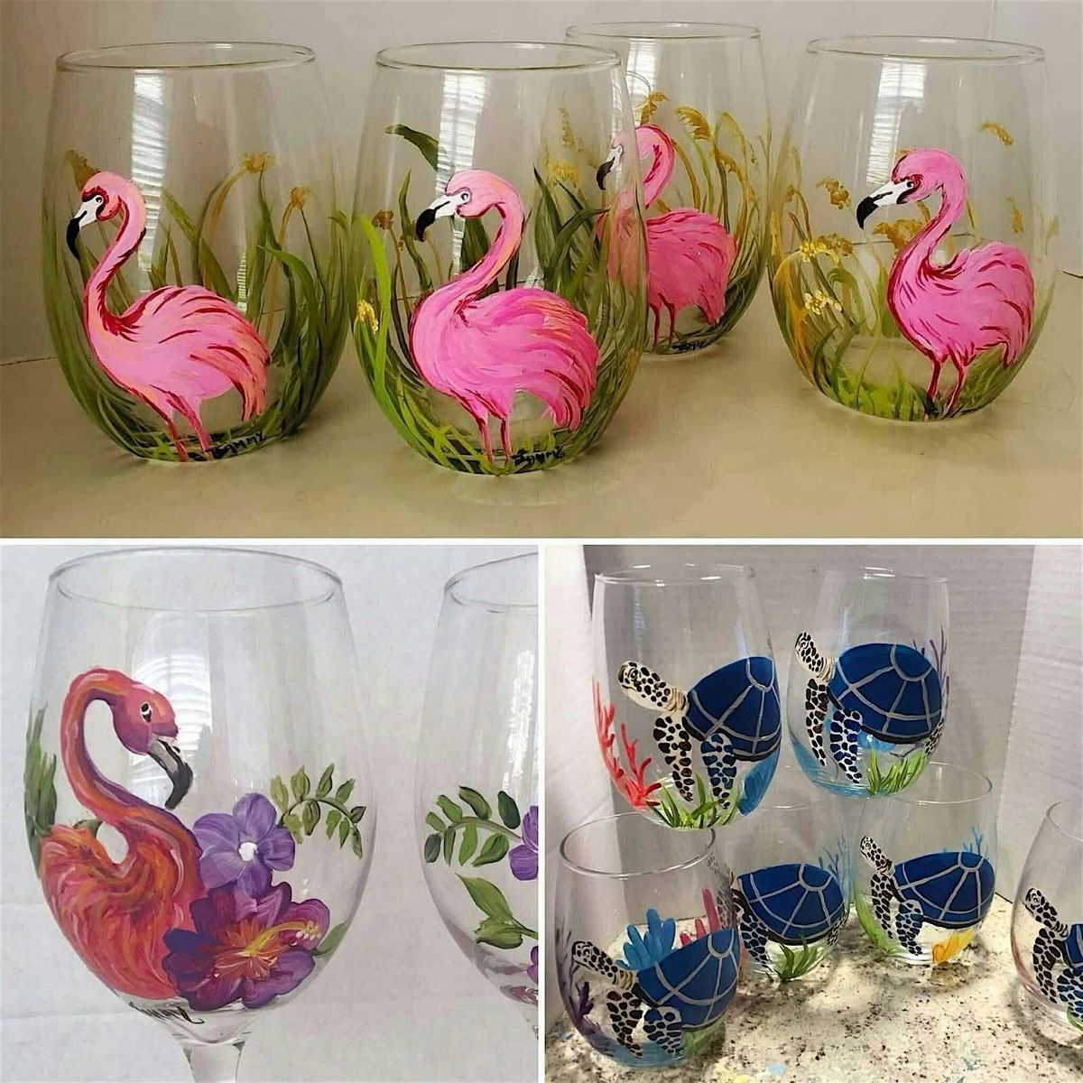 Flamingos & Turtles!  -  Wine Glass Painting Class (4), 16 August | Event in ORMOND BEACH | AllEvents