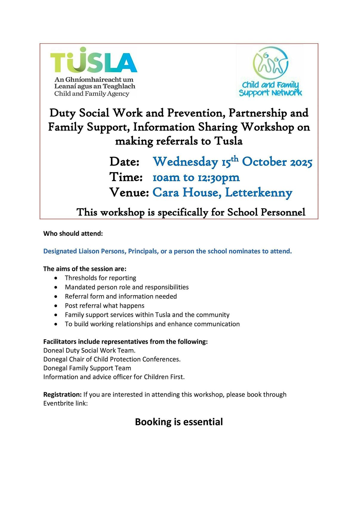 Information Workshop on Making Referrals to Tusla for Schools, 15 October | Event in Letterkenny | AllEvents