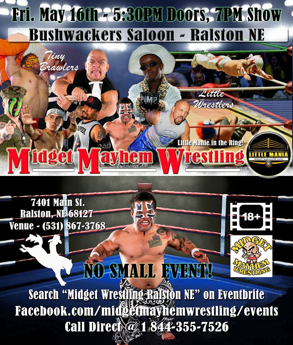 Midget Mayhem Little Mania Wrestling LIVE! Ralston NE (Ages 18+), 16 May | Event in Ralston | AllEvents