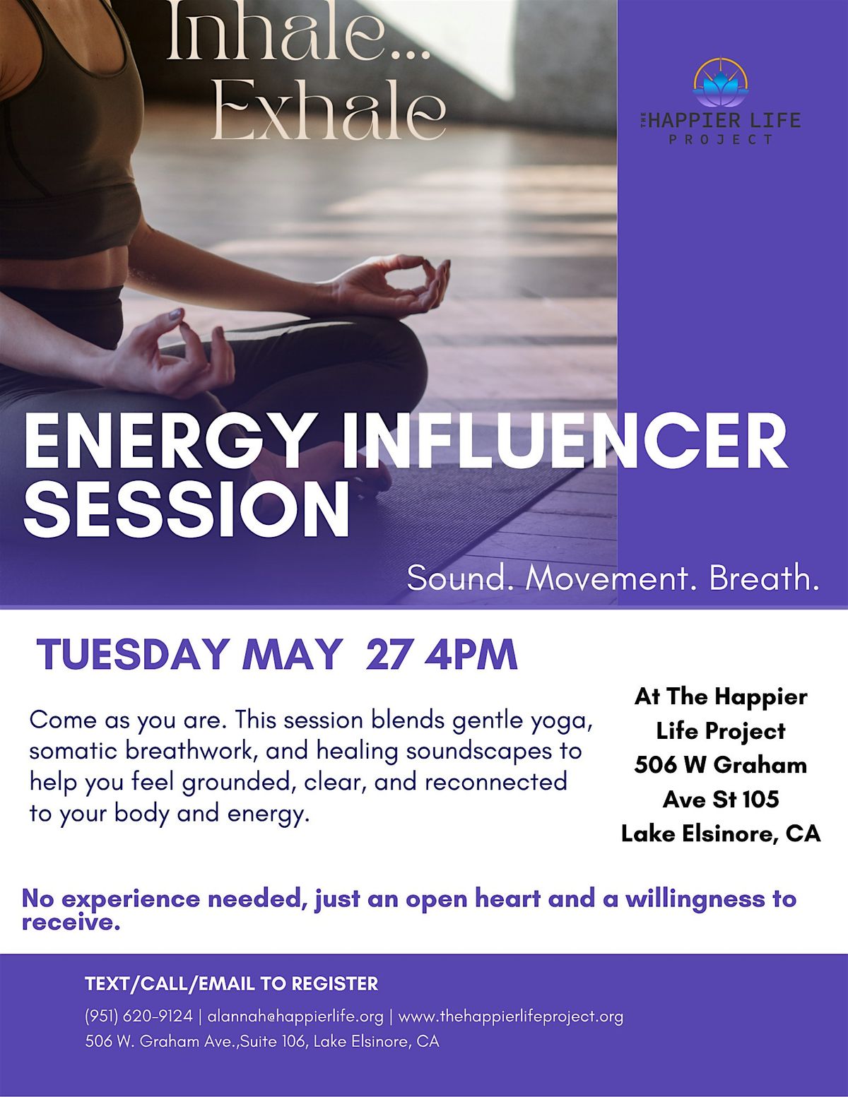 Energy Influencer Session- Breath. Movement. Sound., 27 May | Event in Lake Elsinore | AllEvents