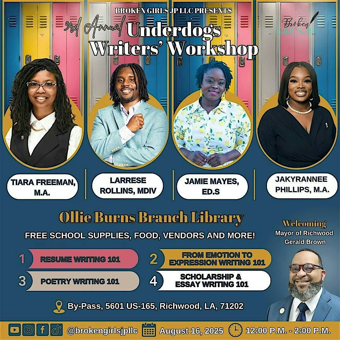 3rd Annual Underdogs Writers’ Workshop, 16 August | Event in Richwood | AllEvents