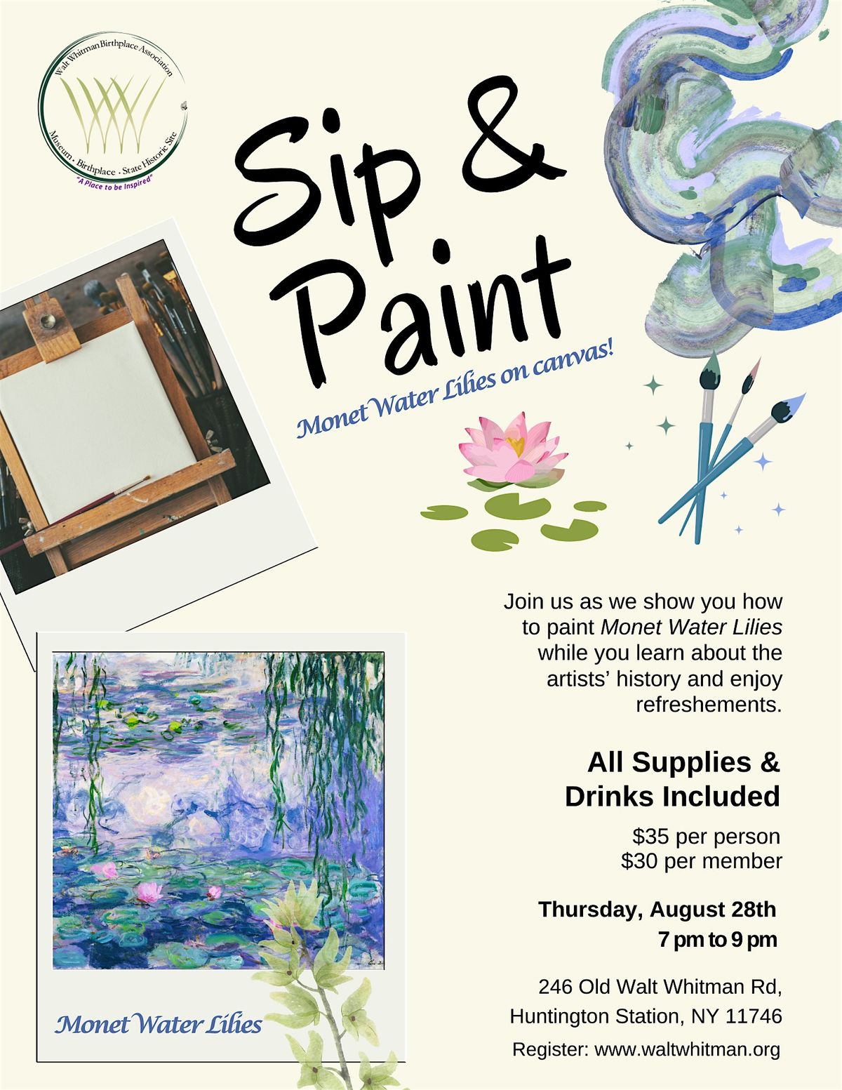 Sip & Paint Night: Monet Water Lilies Workshop on Long Island, 28 August | Event in Huntington Station