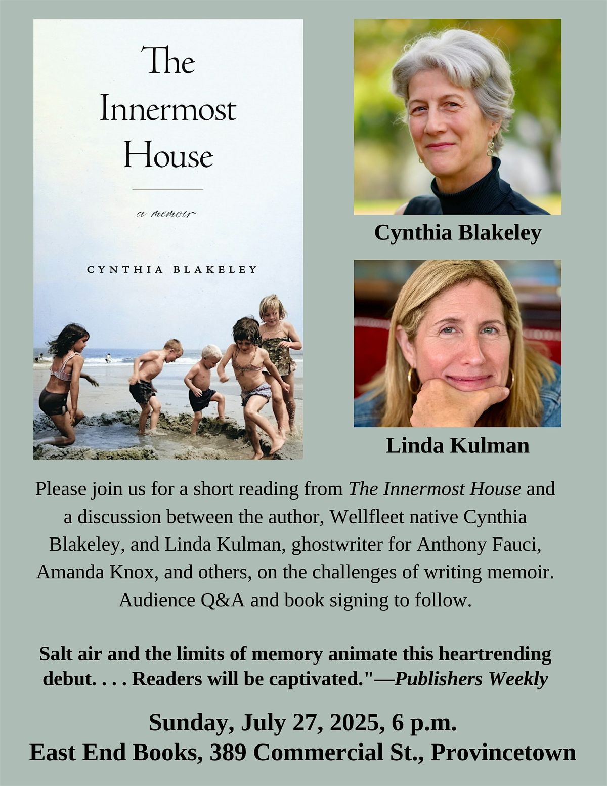 The Innermost House w/ Cynthia Blakeley in Conversation w/ Linda Kulman, 27 July | Event in Provincetown | AllEvents