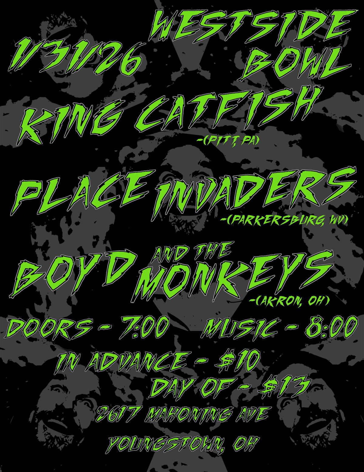 Place Invaders/Boyd and the Monkeys/King Catfish, 31 January | Event in Youngstown | AllEvents