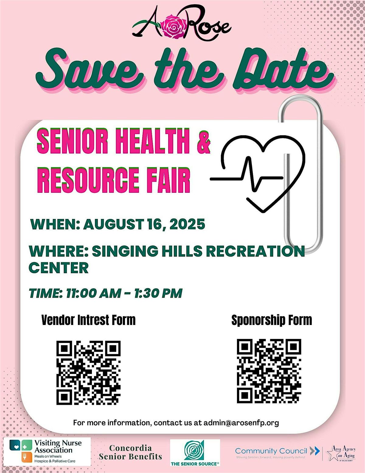 A. Rose NFP Senior Health & Resource Fair Vendor and Sponsor Interest Form, 16 August | Event in Dallas