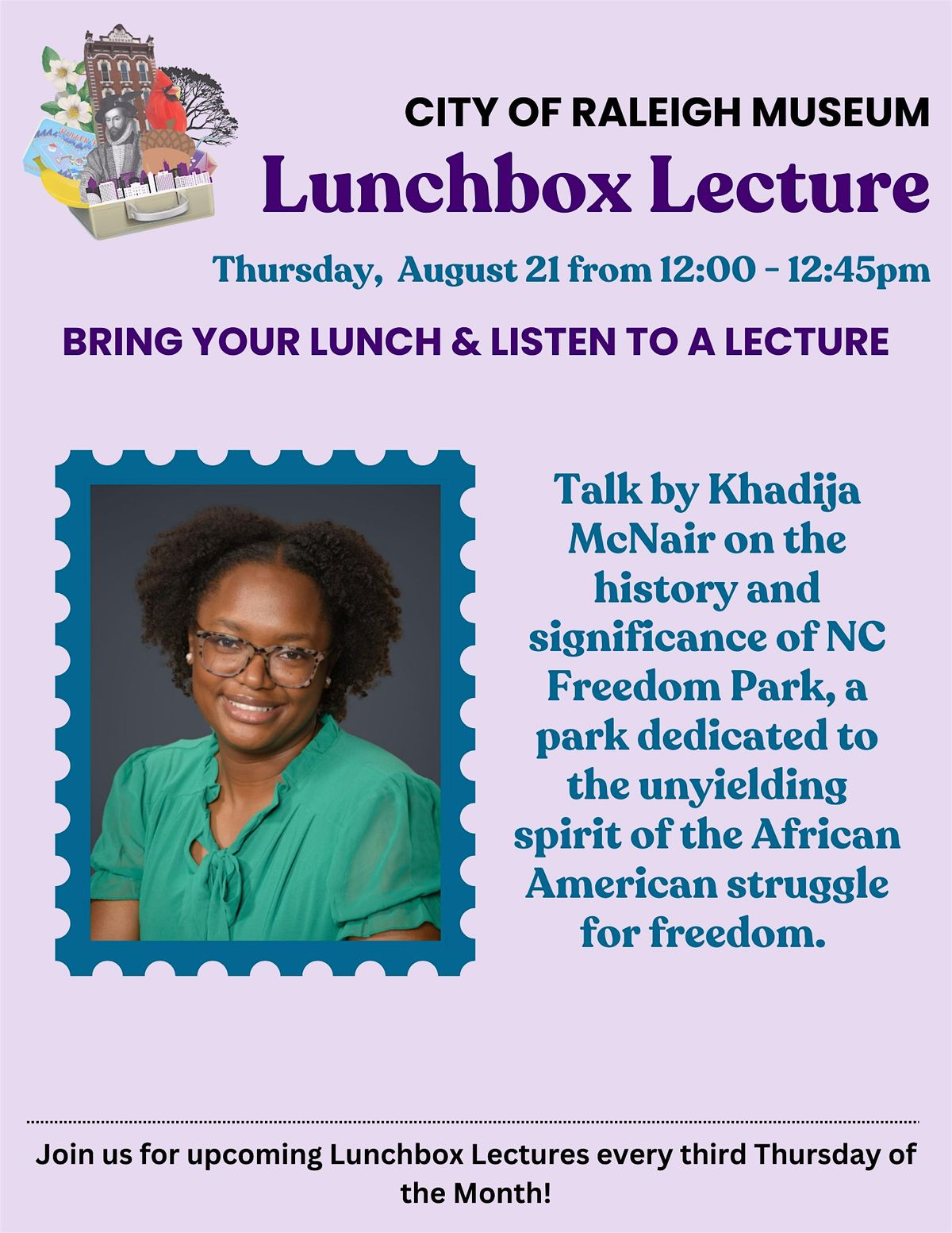 Lunch Box Lecture with Khadija McNair, 21 August | Event in Raleigh | AllEvents