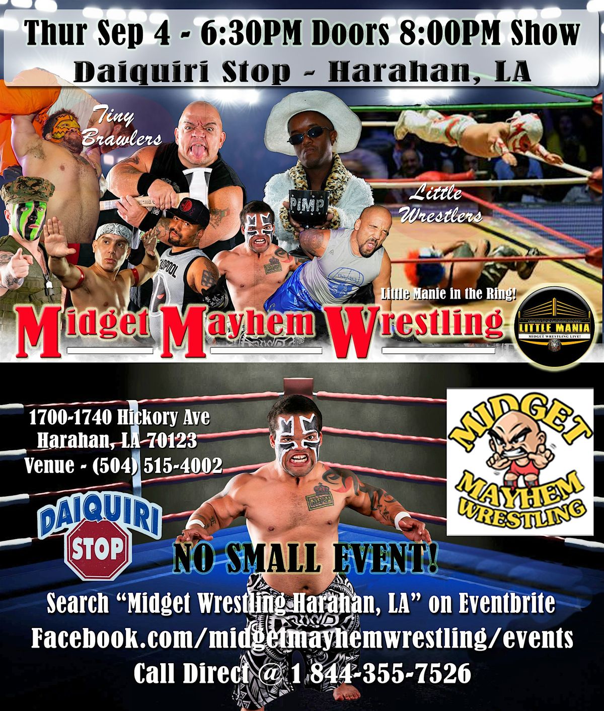 Midget Mayhem Wrestling Rips Through the Ring! Harahan LA 21+, 4 September | Event in Harahan | AllEvents
