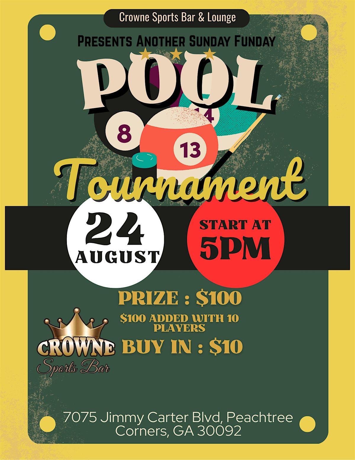 Crowne Market & Pool Tournament  $100 Prize, 24 August | Event in Peachtree Corners | AllEvents