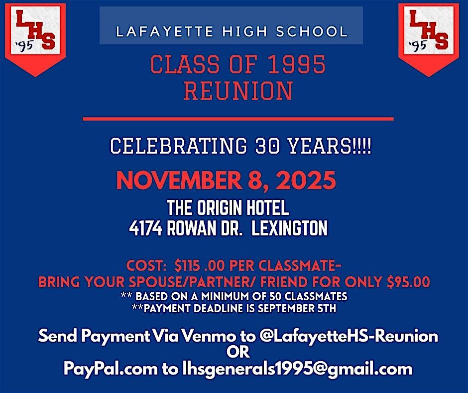Lafayette High School Class of 1995 30 YEAR REUNION!!, 8 November | Event in Lexington | AllEvents