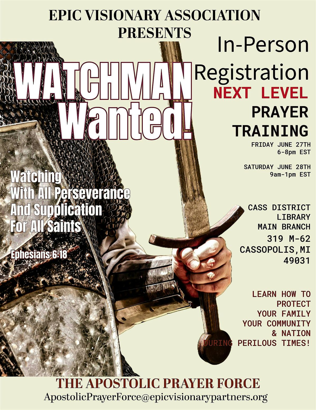 [In-Person] REGISTRATION FOR WATCHMAN WANTED! NEXT LEVEL TRAINING!!, 27 June | Event in Cassopolis | AllEvents