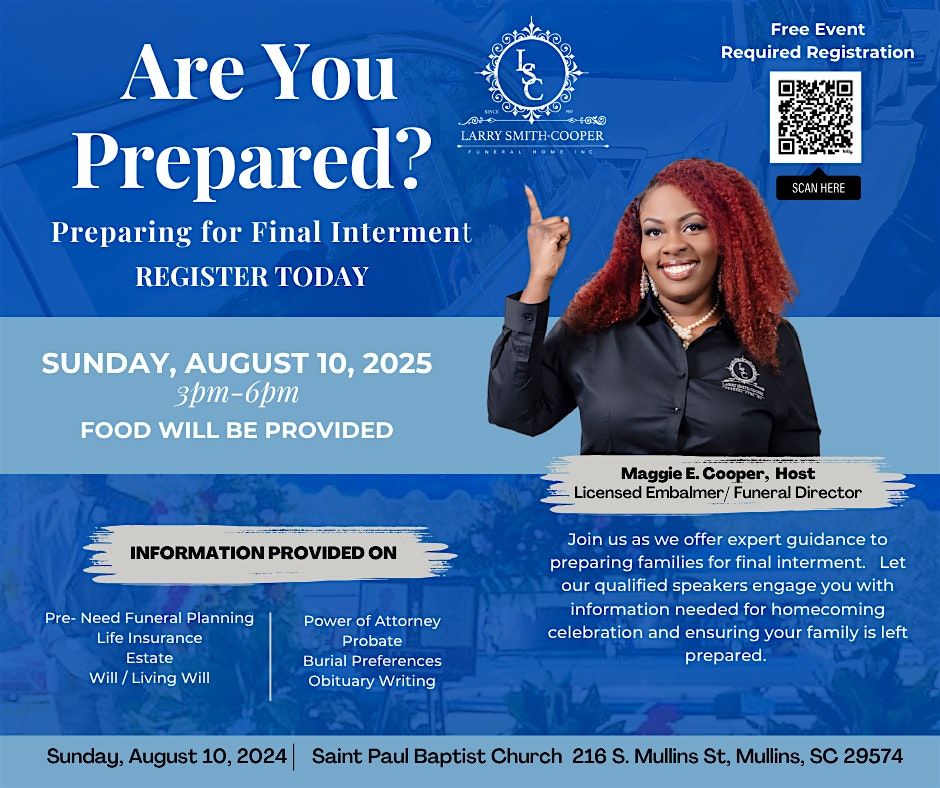 Are You Prepared?  Preparing For Final Interment, 10 August | Event in Mullins | AllEvents