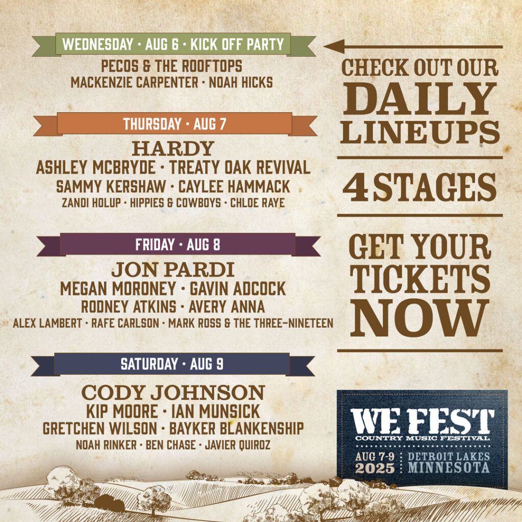 WE Fest: Cody Johnson  Kip Moore  Ian Munsick & Gretchen Wilson - Saturday, 8 August | Event in Detroit Lakes