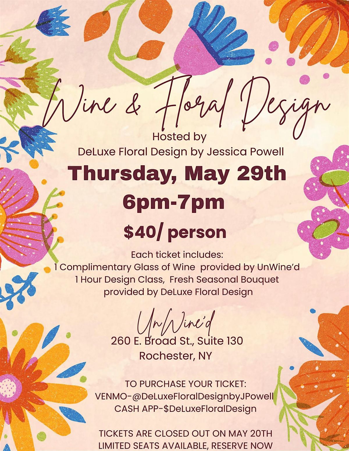 Wine + Floral Design @ Unwine'd, 29 May | Event in Rochester | AllEvents