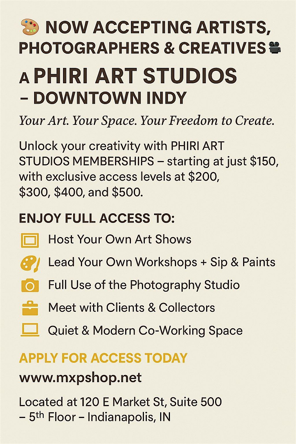 NOW ACCEPTING ARTISTS, PHOTOGRAPHERS & CREATIVES  @ PHIRI ART STUDIOS, 7 September | Event in Indianapolis
