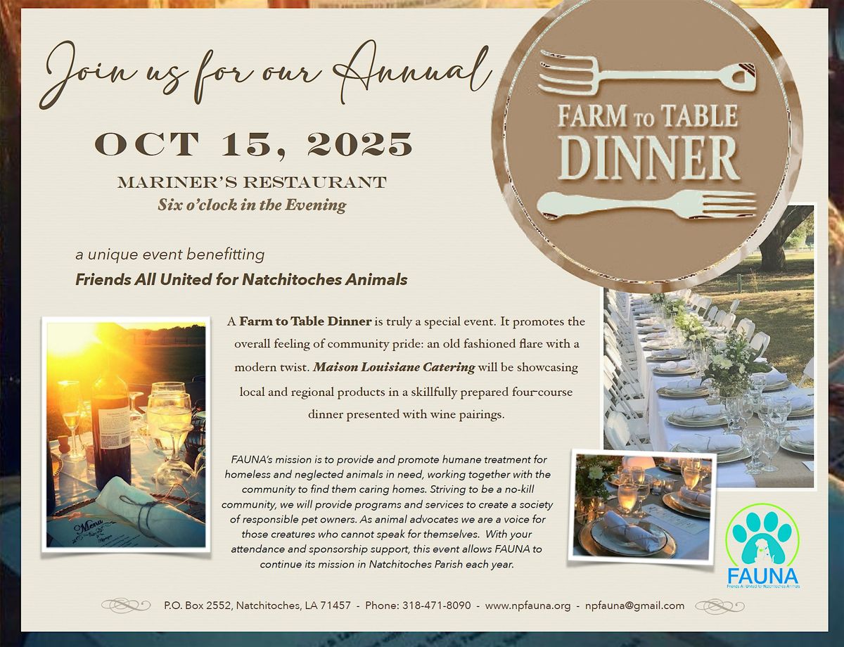 FAUNA Farm to Table Dinner 2025, 15 October | Event in Natchitoches | AllEvents