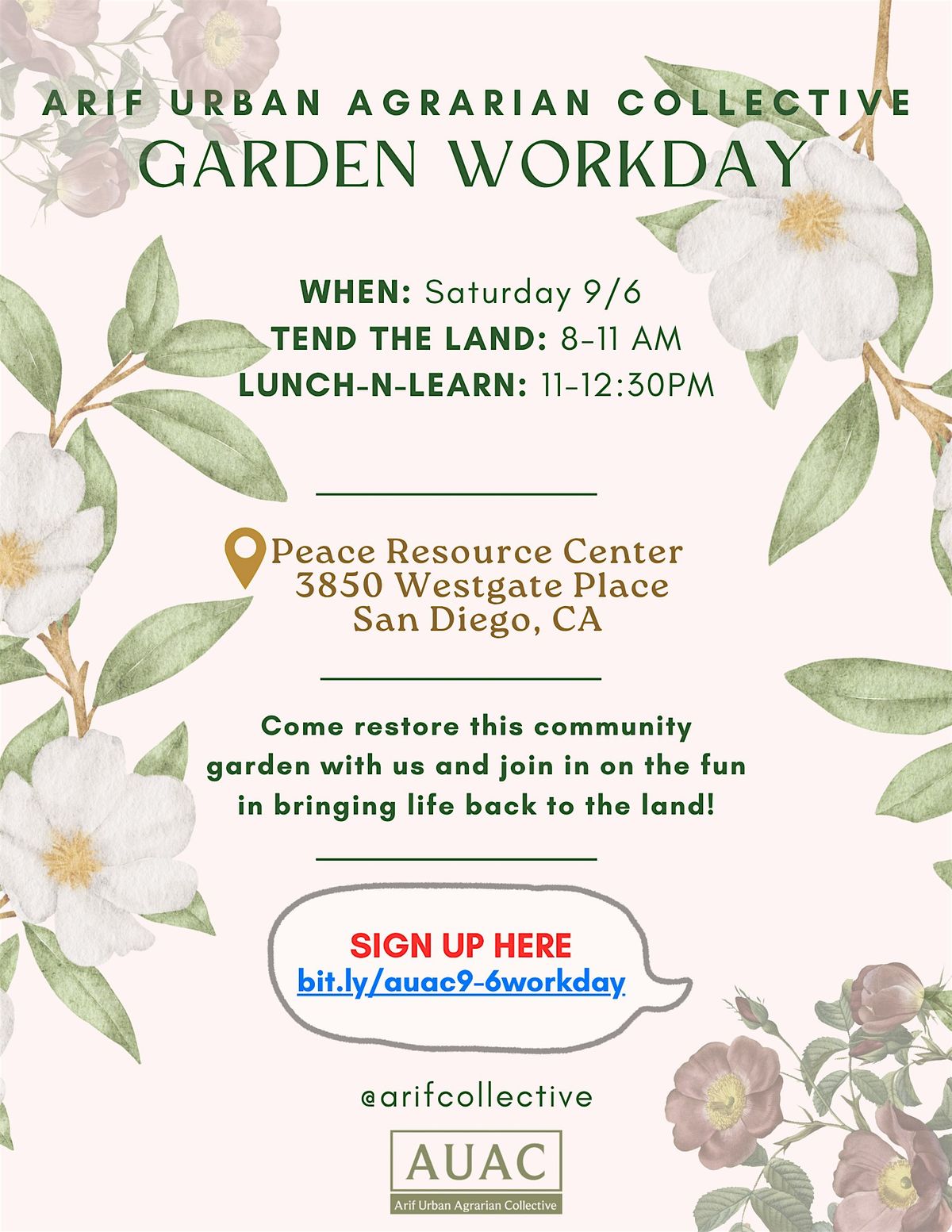 Arif Collective Community Garden Volunteer Workday & Lunch-n-Learn 9.6, 6 September | Event in San Diego