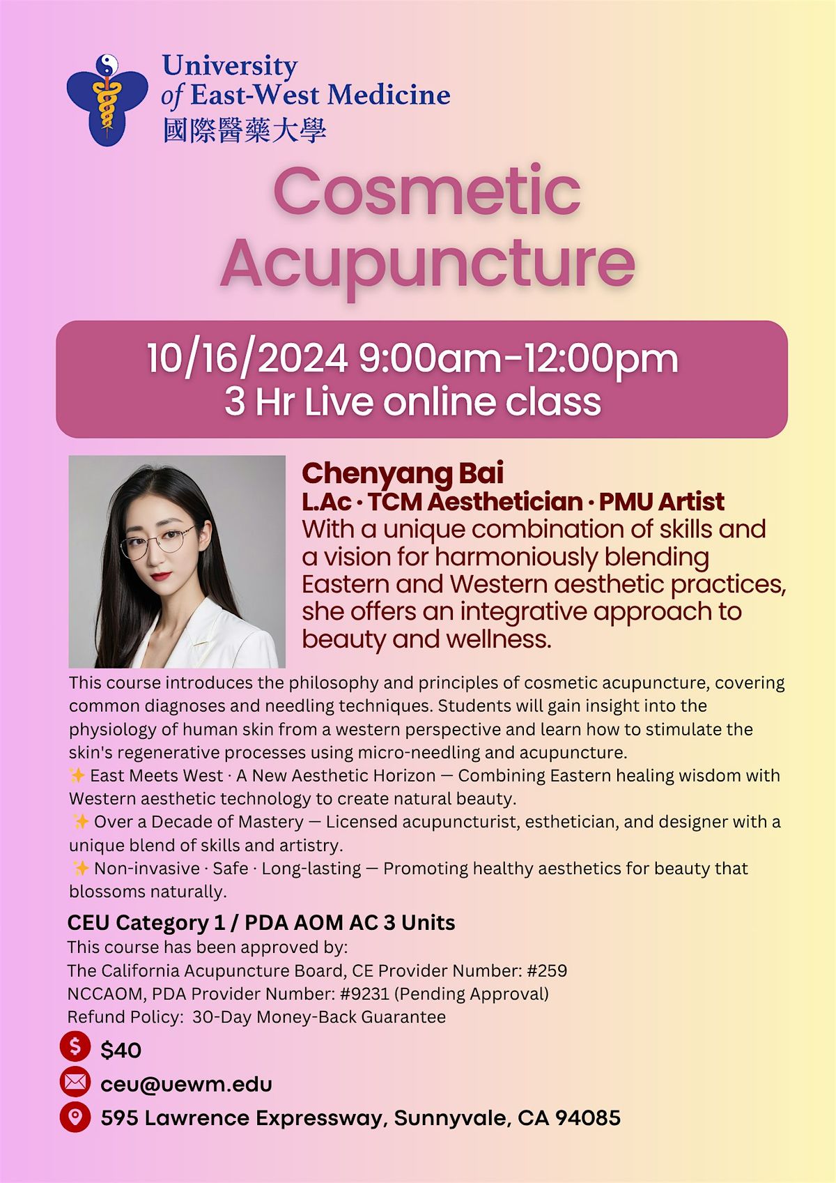Cosmetic Acupuncture 针灸美容-白雪, 16 October | Event in Sunnyvale | AllEvents